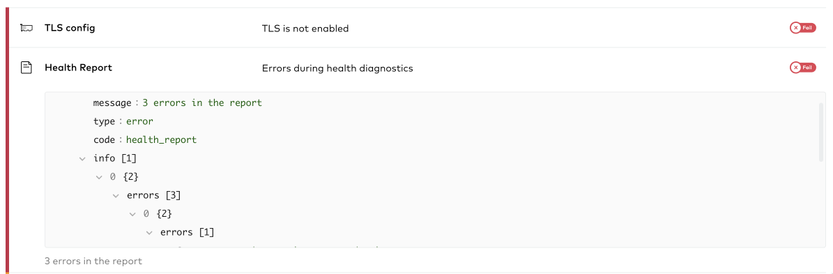 MinIO SUBNET's health report for a deployment showing a failed Health Report with details expanded