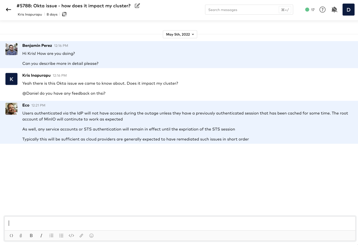 A example MinIO SUBNET issue conversation