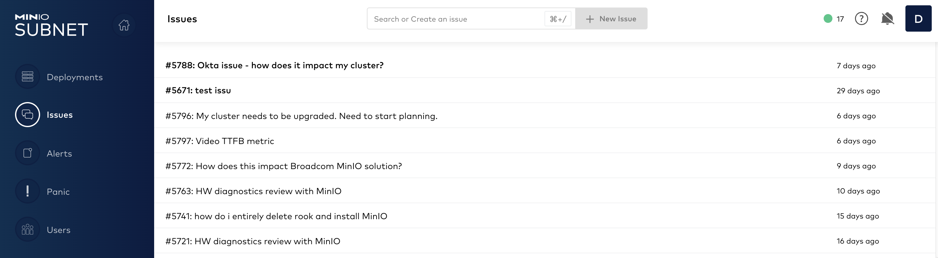 MinIO SUBNET with the Issues section displaying a list of an organization's issues