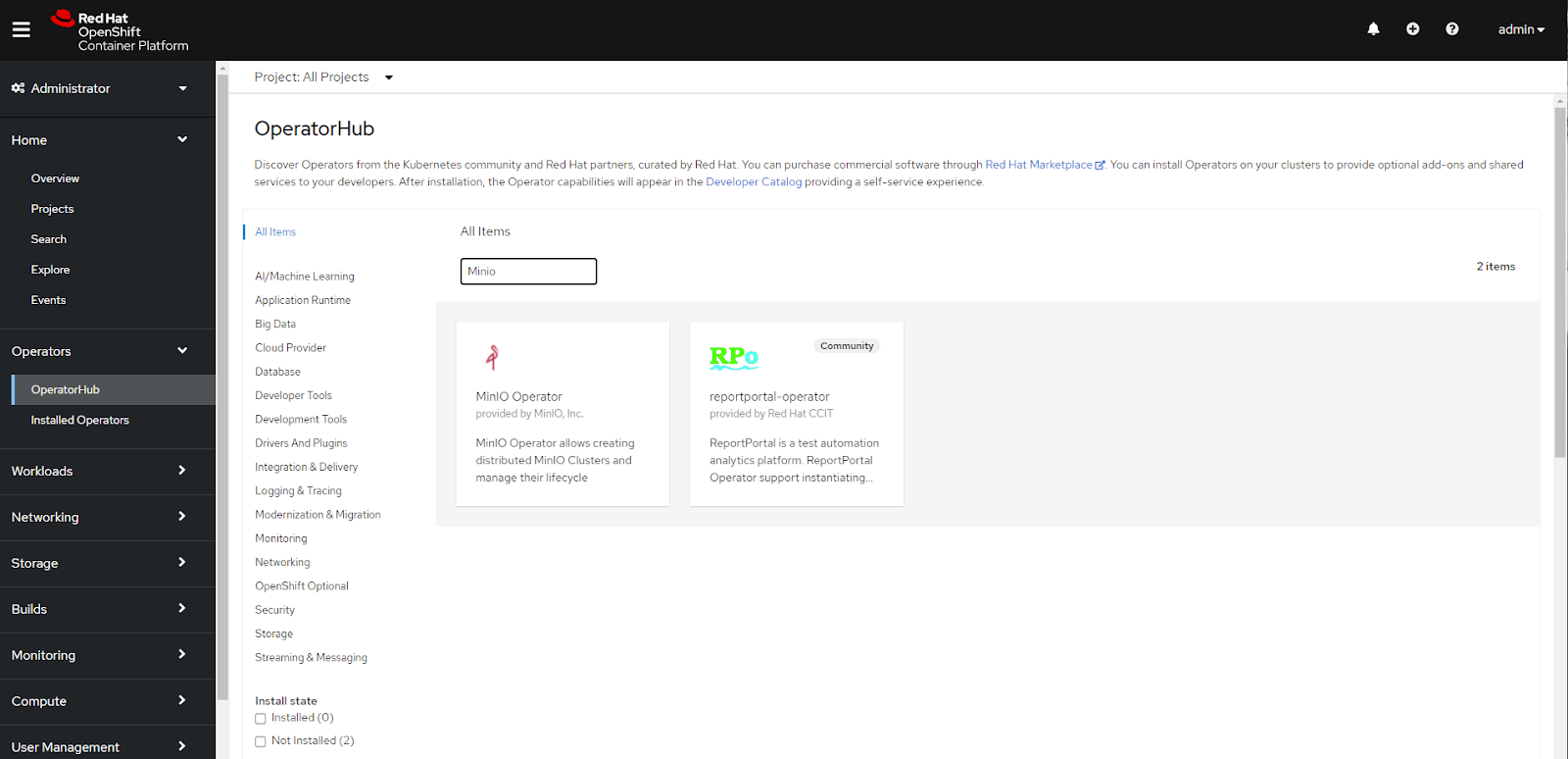 From the OperatorHub, search for MinIO, then select the MinIO Tile.
