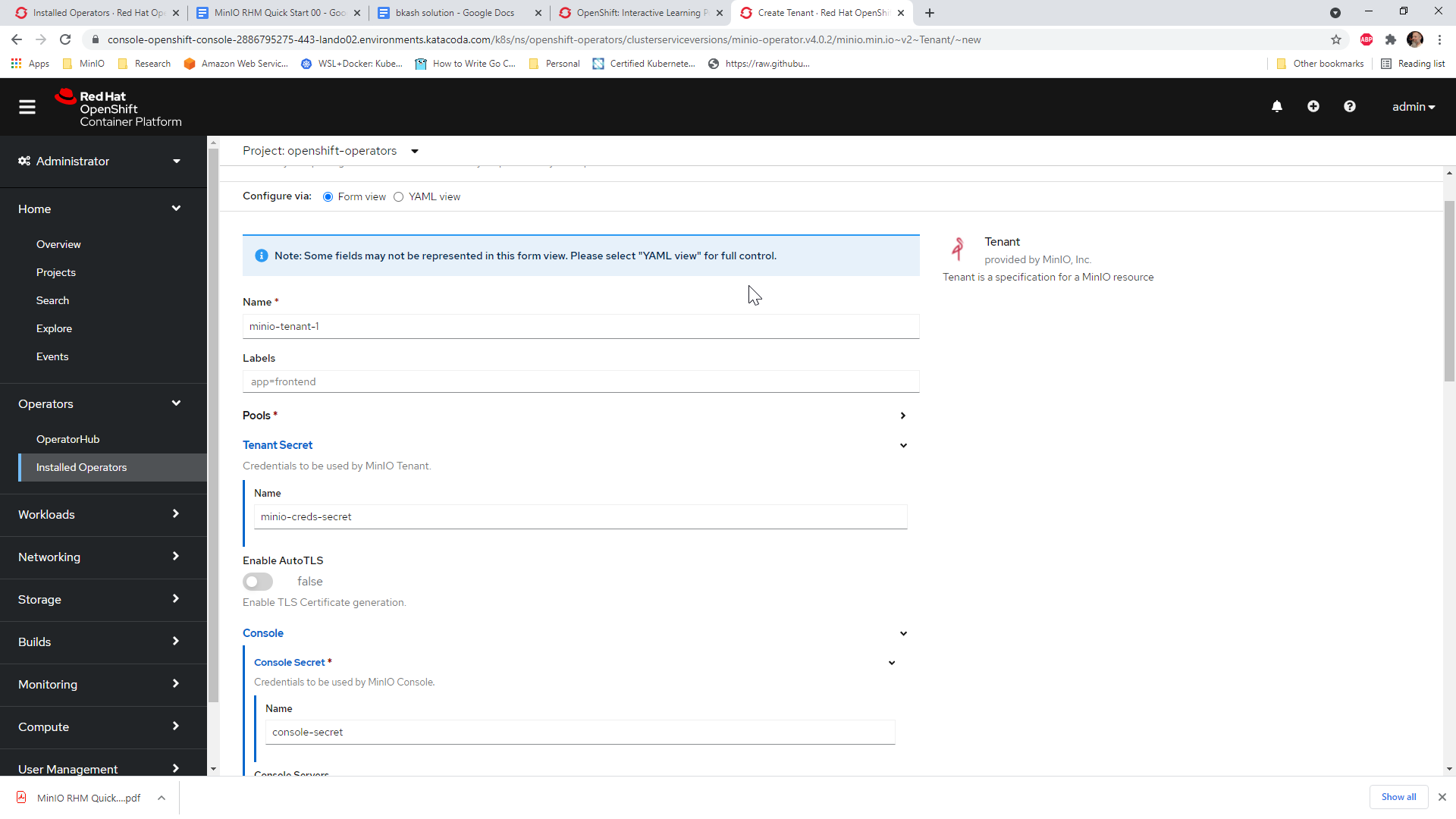 OpenShift Tenant Creation UI View