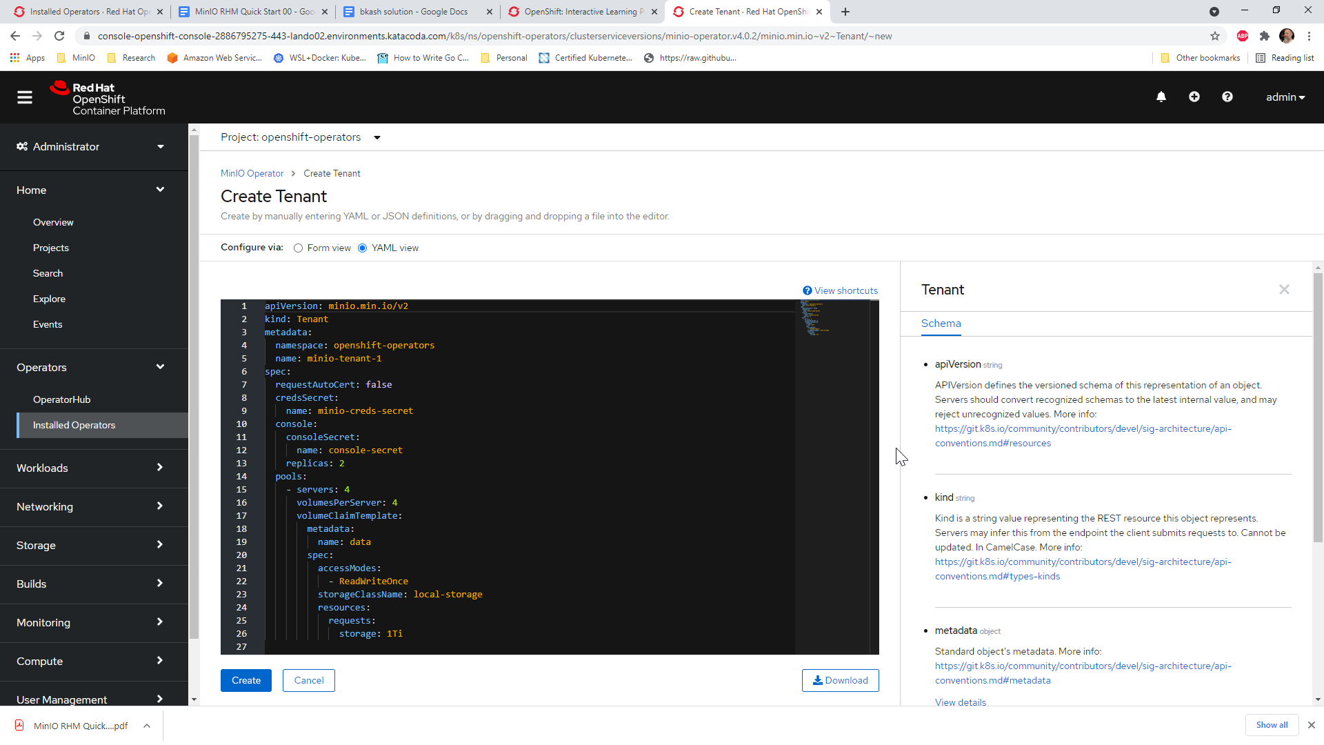 OpenShift Tenant Creation UI View