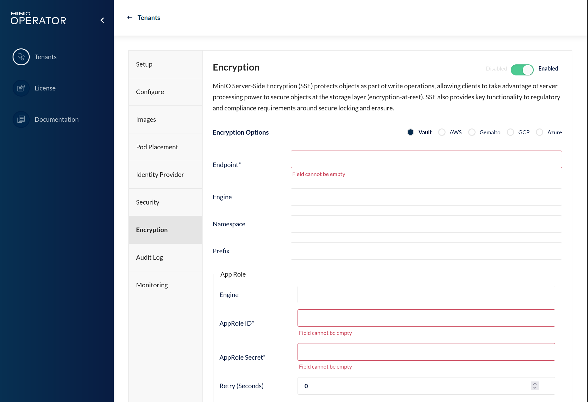 MinIO Operator Console - Create a Tenant - Encryption Section