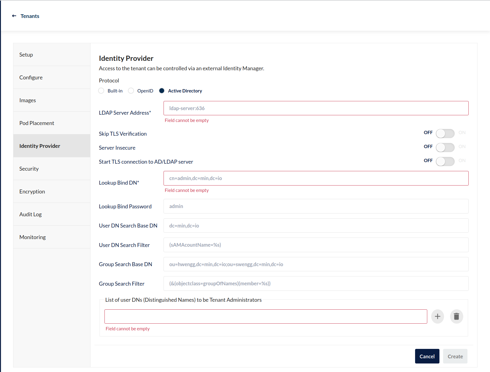 MinIO Operator Console - Create a Tenant - External Identity Provider Section - Active Directory / LDAP