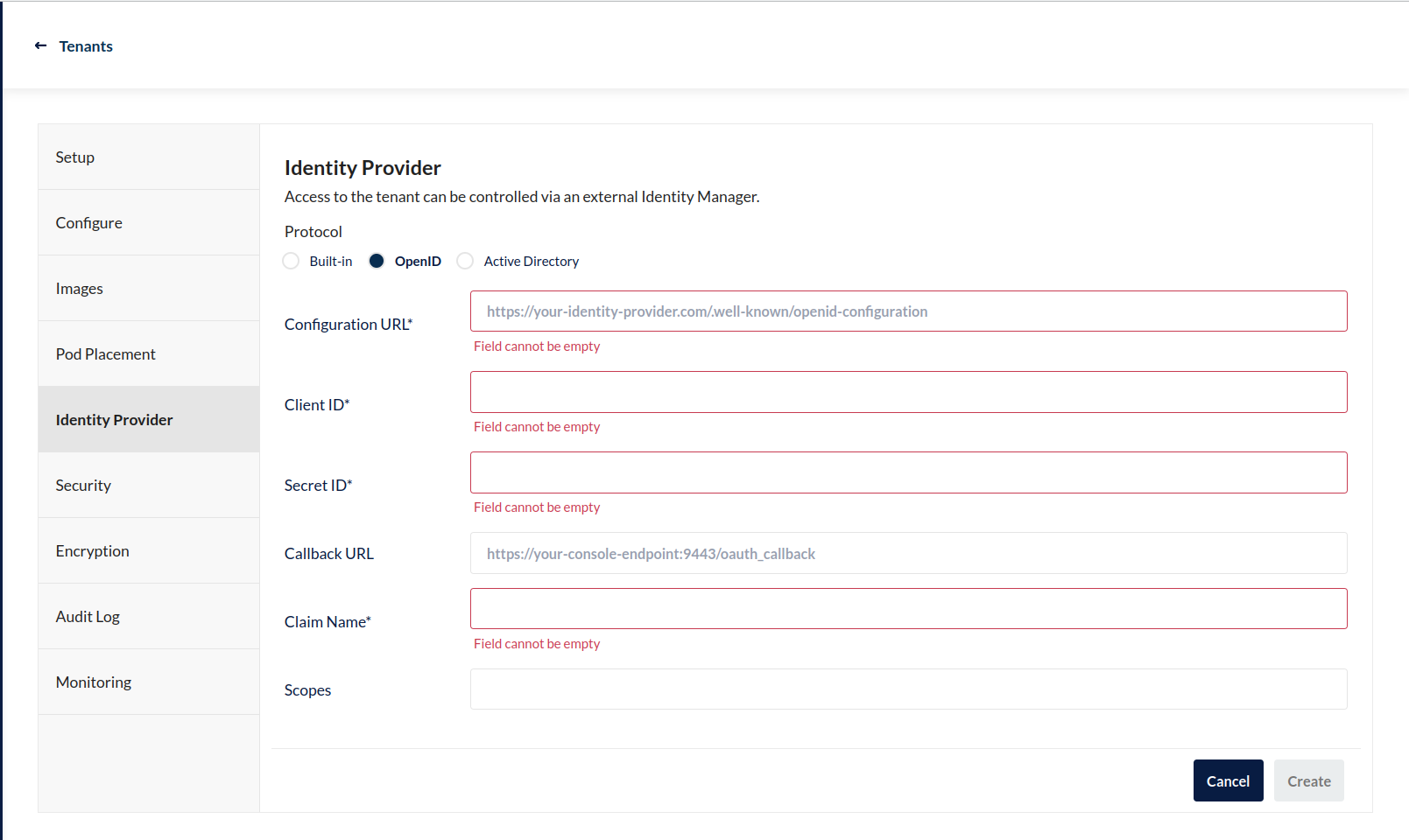 MinIO Operator Console - Create a Tenant - External Identity Provider Section - OpenID