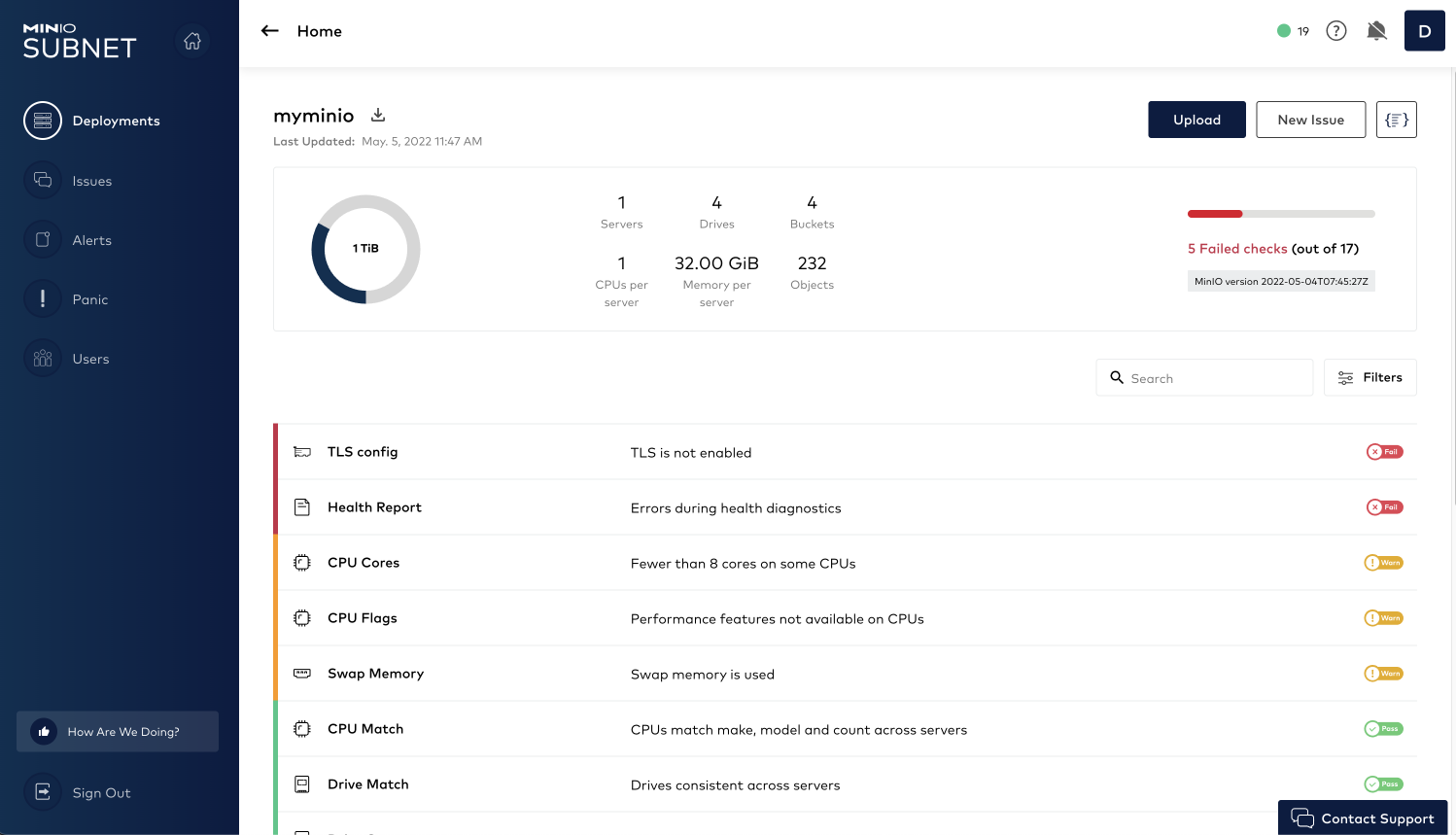 MinIO SUBNET displaying health summary information for a myminio deployment